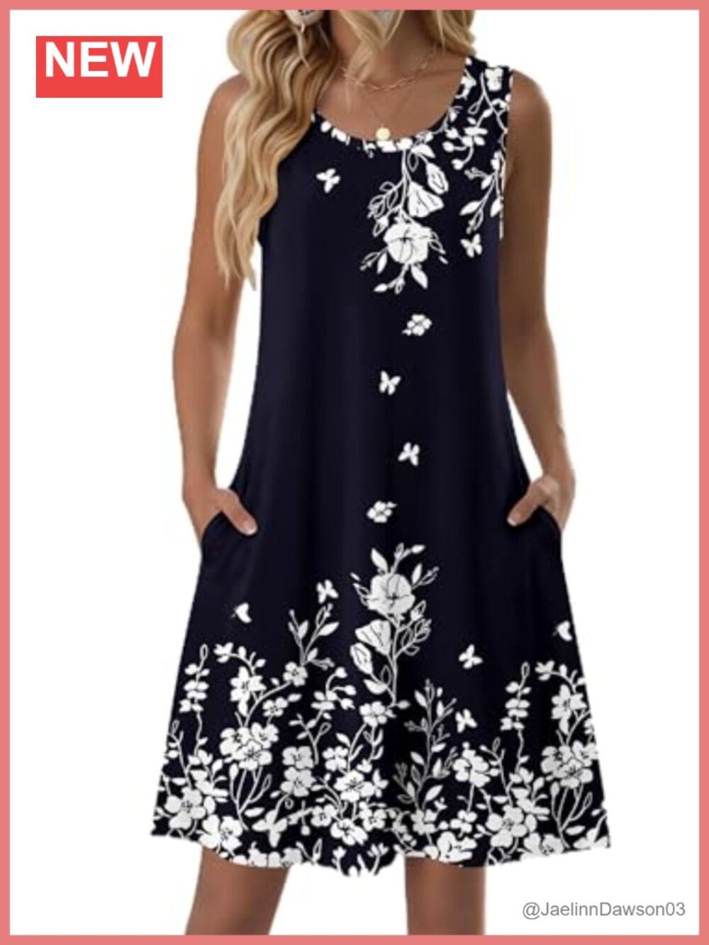 Sleeveless A-Line Swing Mini Dress with Pockets, Floral Print, Crewneck, Loose